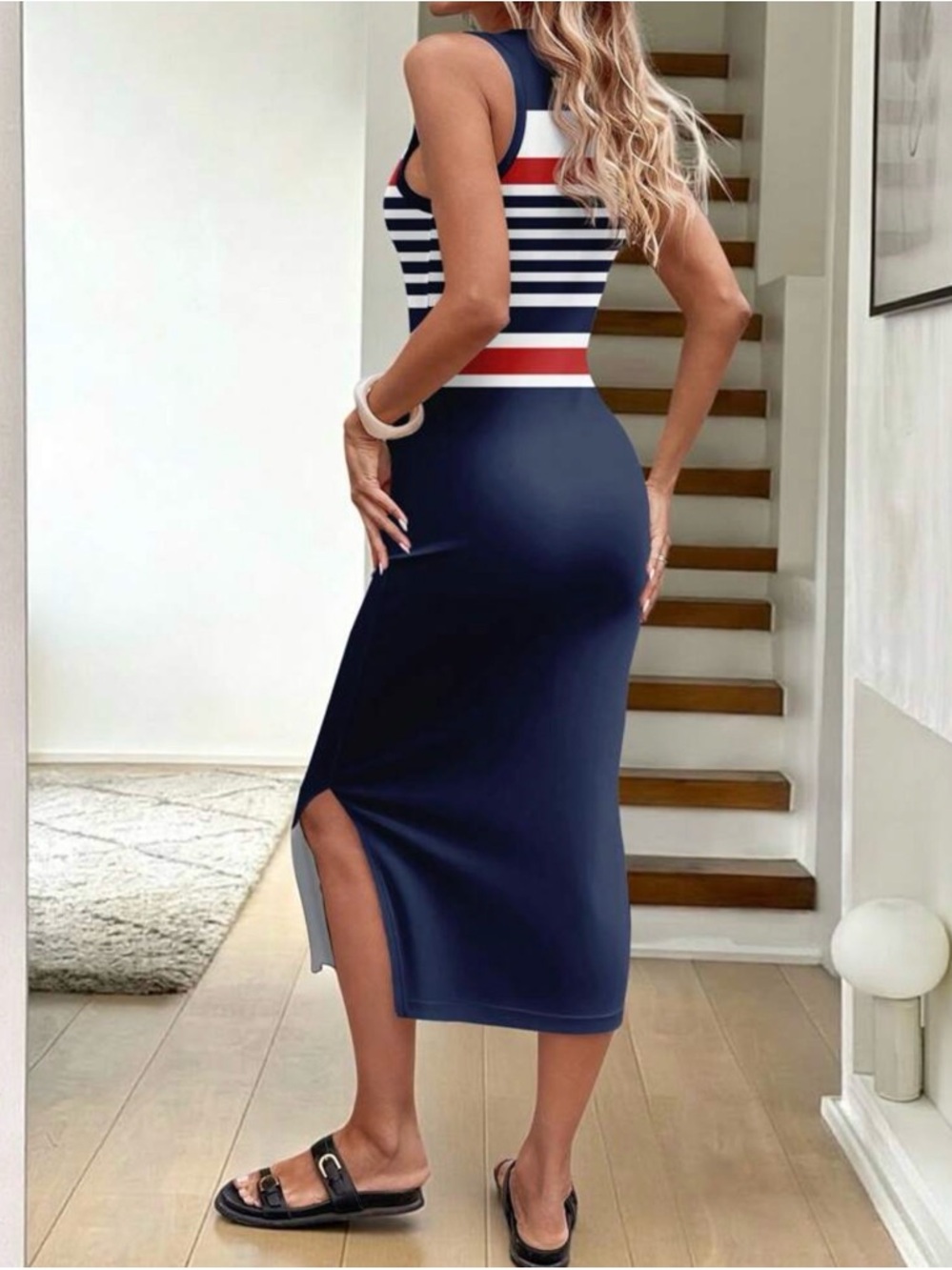 Navy Striped Anchor Maxi Dress - Sleeveless Summer Dress - Picture 2 of 6